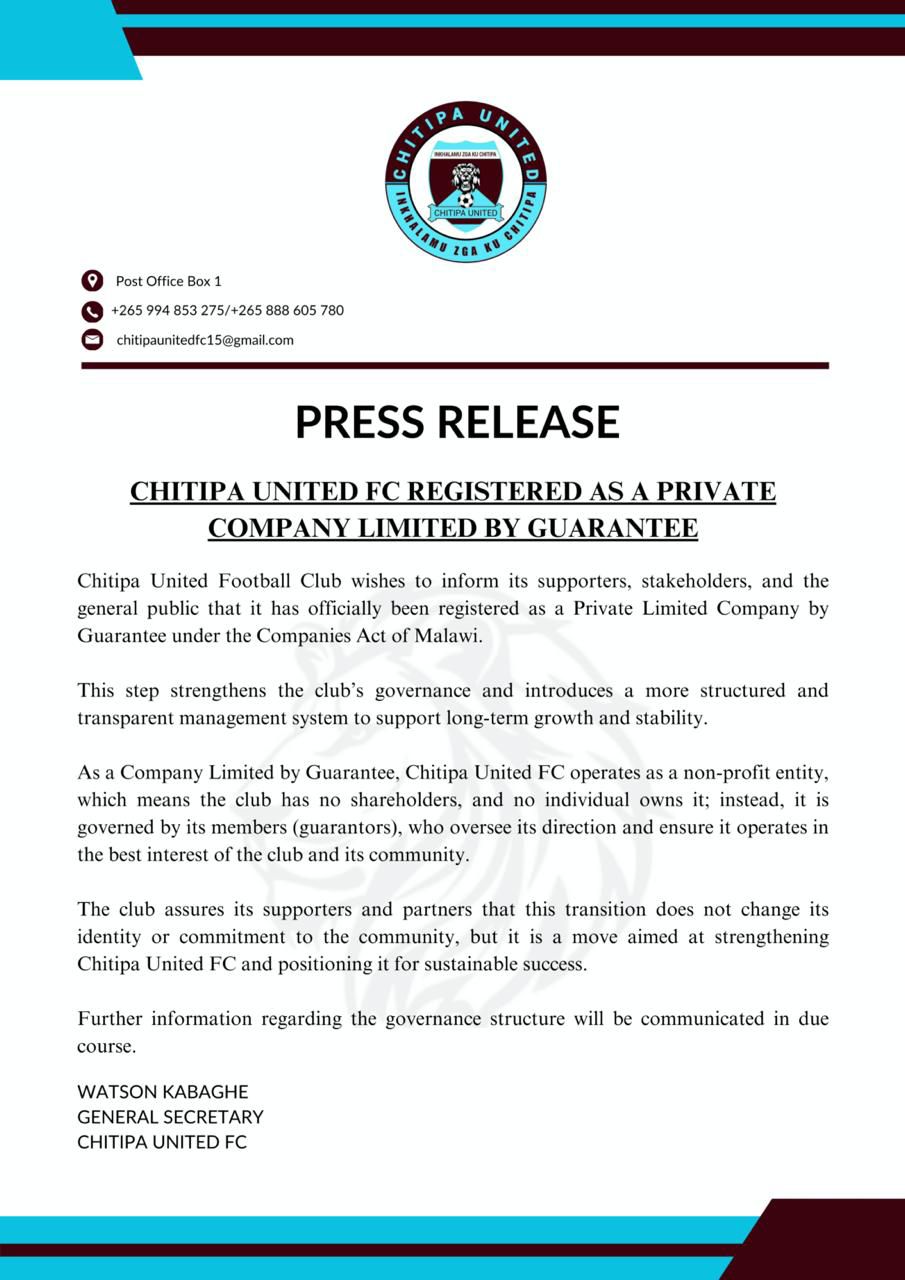 Chitipa United FC Registered as a Company Limited by Guarantee